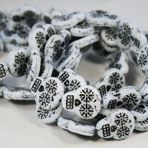 Czech Glass Sugar Skull White Opaque Beads With Black Wash (20 x 17)  2 Beads
