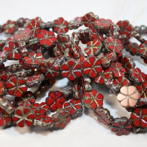 Czech Glass Brick Red Opaque Flower Beads With Picasso 10 mm 10 Beads image 1