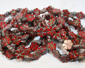 Czech Glass Brick Red Opaque Flower Beads With Picasso   (10 mm)   10 Beads