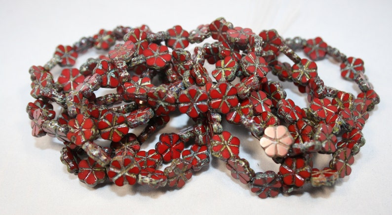 Czech Glass Brick Red Opaque Flower Beads With Picasso 10 mm 10 Beads image 1