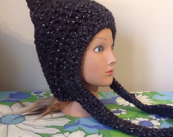 Pixie Hat for Adult in Sparkly Charcoal Gray Chunky Yarn