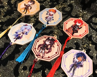 Genshin Impact fan art wooden Charms Set Gacha Hu Tao, Ganyu, Zhongli, Diluc, Tartaglia, Kaeya