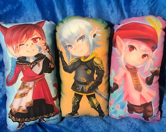 Final Fantasy XIV inspired chibi pillow plush Crystal Exarch, Haurchefant, Estinien, Aymeric, and Tataru fanart.