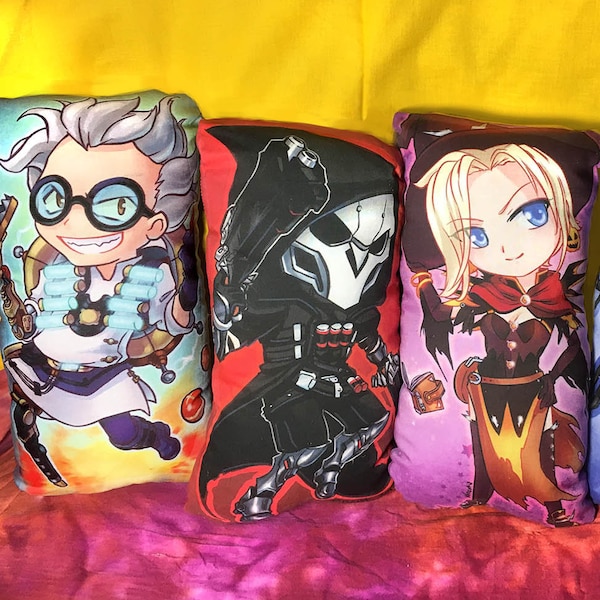 Pharah, Reaper, Anna, Junkrat, Genji, Mei, Widowmaker, D.va and Mercy Chibi Pillow Plushies Fan art