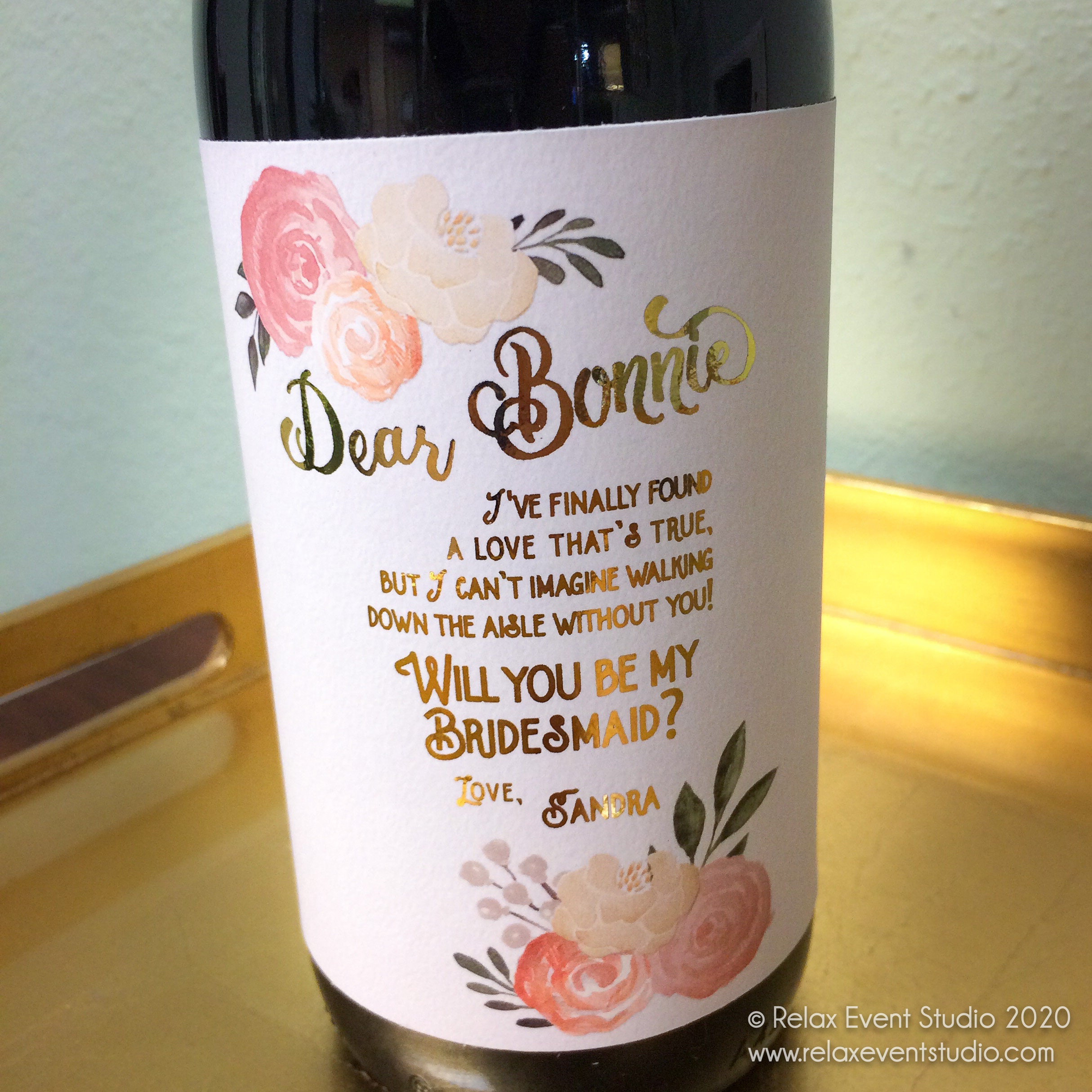 Bridesmaid Proposal Wine Label with Real Gold Foil  ©