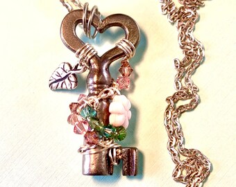 Victorian Key Necklace: Antique Heart Skeleton Key, Swarovski Crystal
