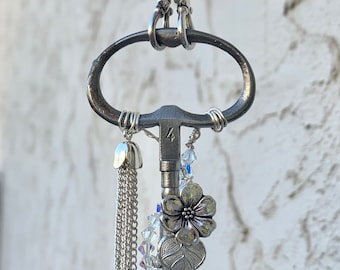 Authentic antique silver tassel skeleton key necklace