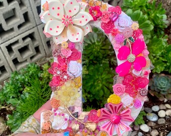 Decorative letter D, pink floral mosaic, vintage jeweled letter D, wood letter D, nursery room decor, bridal baby shower gift, wedding glam