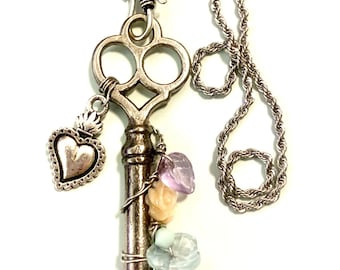 Antique Skeleton Key Necklace: Silver Heart Charm, Mother of Pearl Rose
