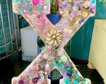 Jeweled Letter X Decor – Vintage Jewelry Embellished Wood Art