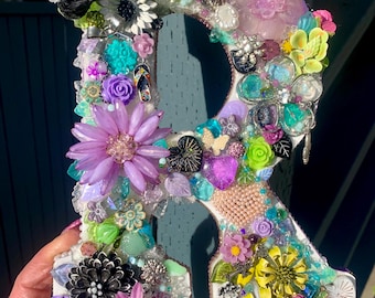 Letter R Decor, Vintage jeweled mosaic