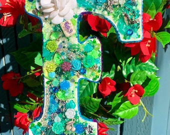 Bling Letter F, Floral Embellished Wall Decor