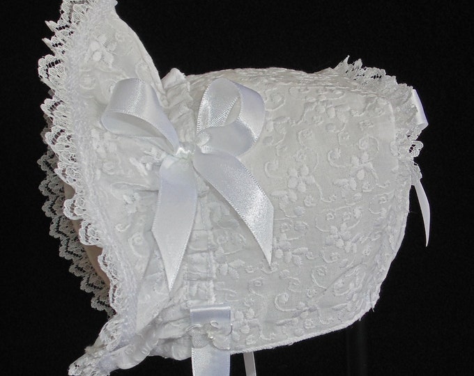 New Handmade White Cotton with Raised Floral Embroidery Baby Bonnet