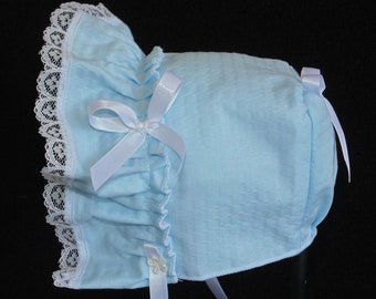 New Handmade Light Blue Puffy Searsucker Baby Bonnet