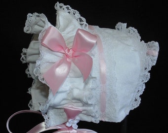 New Handmade Pink Pin Dot with White Eyelet Lace Baby Sun Bonnet