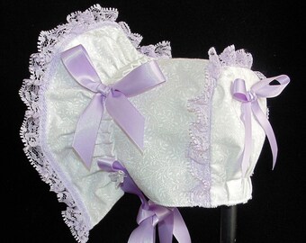 Pink Bows /& Ties Baby Bonnet White Printed Cotton with White /& Pink Lace