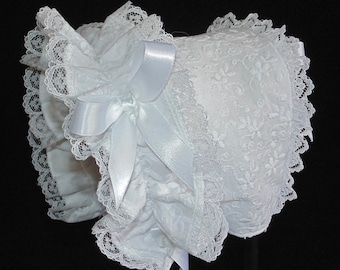 New Handmade White Cotton with Raised Floral Embroidery Double Lace Front Baby Bonnet