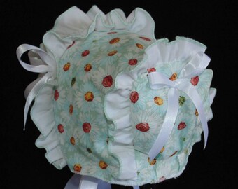 New Handmade White Daisy Print with Ruffled Trim Baby Bonnet