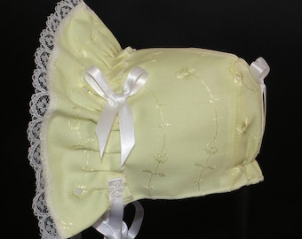 New Handmade Light Yellow Cotton Eyelet Baby Bonnet