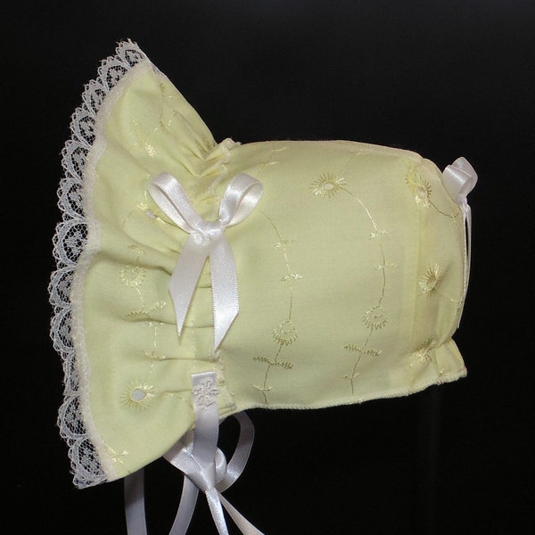 New Handmade Light Yellow Cotton Eyelet Baby Bonnet