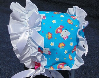 New Handmade Blue Butterfly and Kitten Print with White Ruffled Trim Baby Bonnet