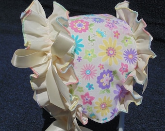 New Handmade Multi-color Floral with Ruffled Trim Baby Bonnet