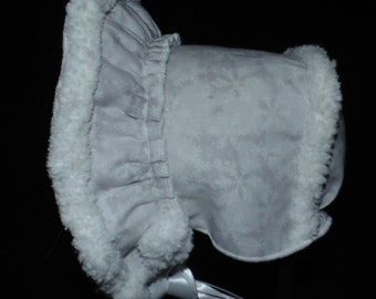 New Handmade White Snowflake with Sherpa Lining Baby Bonnet