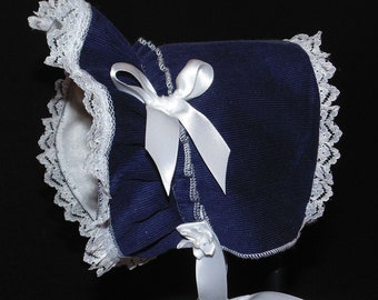 New Handmade Navy Blue Corduroy with White Fleece Lining Cold Weather Baby Bonnet