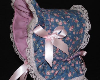 New Handmade Blue with Pink Roses Victorian Style Extended Back Baby Bonnet