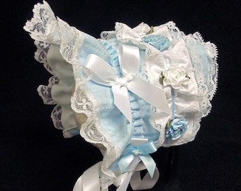 New Handmade Light Blue Searsucker with White Bows and Ties Easter Bonnet