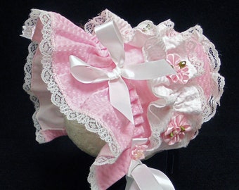 New Handmade Pink Searsucker with Pink Bows and Flowers Easter Bonnet