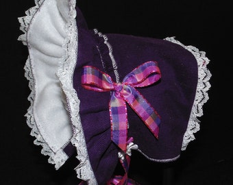 New Handmade Dark Purple Corduroy with White Fleece Lining and Plaid Bows Cold Weather Baby Bonnet