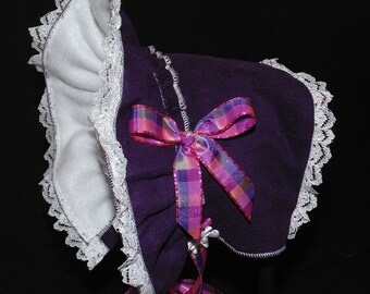 Cream Corduroy with Plaid Flannel Lining Cold Weather Baby Bonnet