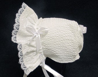 New Handmade White Puffy Searsucker Baby Bonnet