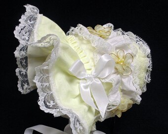 New Handmade Light Yellow Searsucker with White Bows and Ties Easter Bonnet