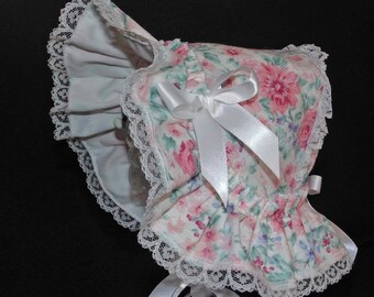 New Handmade Pastel Floral Linen Victorian Style Extended Back Baby Bonnet