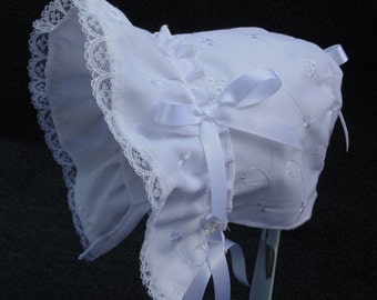 New Handmade White Eyelet Bonnet with 3/8 " White Satin Ribbon Bows and Ties