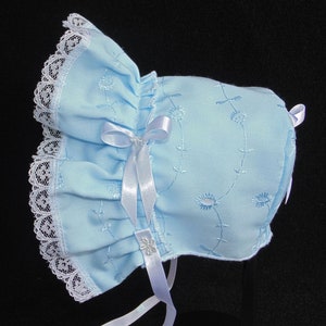 New Handmade Cotton Eyelet Baby Bonnet White, Pink, Blue, Light Blue or Mint Green Light Blue