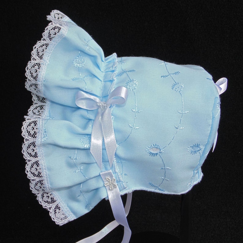 New Handmade Cotton Eyelet Baby Bonnet White, Pink, Blue, Light Blue or Mint Green image 4