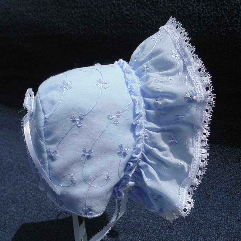 New Handmade Cotton Eyelet Baby Bonnet White, Pink, Blue, Light Blue or Mint Green Blue