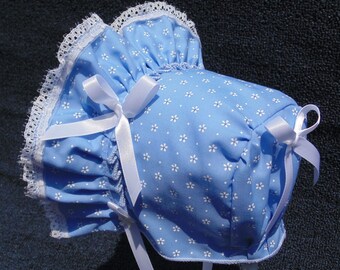 New Handmade Blue Baby Bonnet with  White Satin Ribbon Bows and Ties