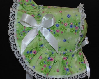 New Handmade Green Floral Print Victorian Style Extended Back Baby Bonnet