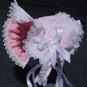 New Handmade White Floral with Pink Lining Baby Bonnet