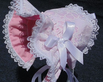 New Handmade White Floral with Pink Lining Baby Bonnet