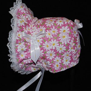 New Handmade Pink with White Daisies Baby Bonnet