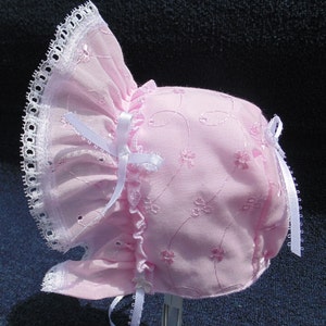 New Handmade Cotton Eyelet Baby Bonnet White, Pink, Blue, Light Blue or Mint Green Pink