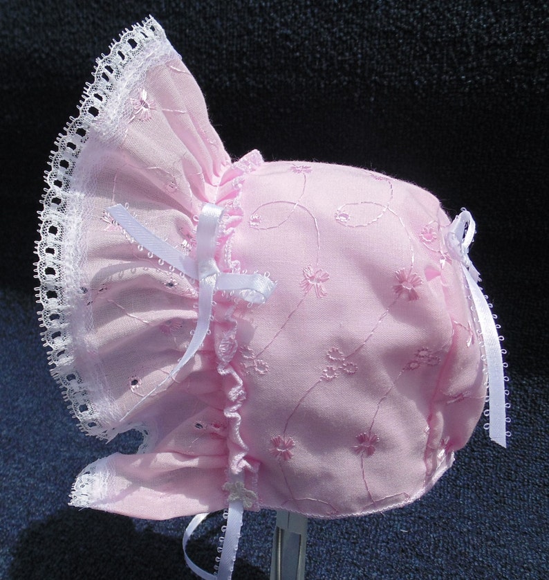 New Handmade Cotton Eyelet Baby Bonnet White, Pink, Blue, Light Blue or Mint Green image 2