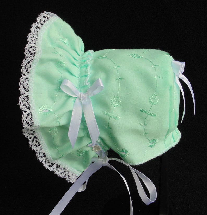 New Handmade Cotton Eyelet Baby Bonnet White, Pink, Blue, Light Blue or Mint Green Green