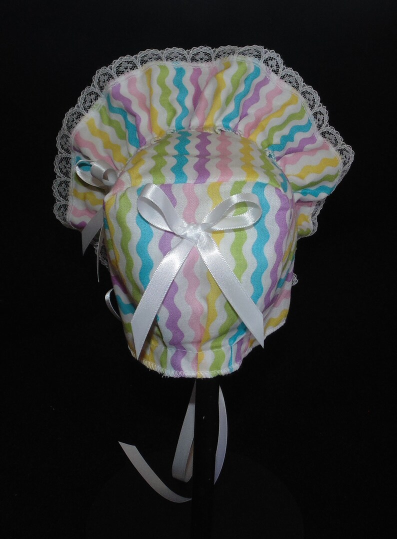 New Handmade Pastel Lines Easter Print Baby Bonnet