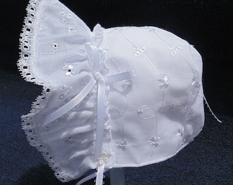 New Handmade Cotton Eyelet Baby Bonnet White, Pink, Blue, Light Blue or Mint Green